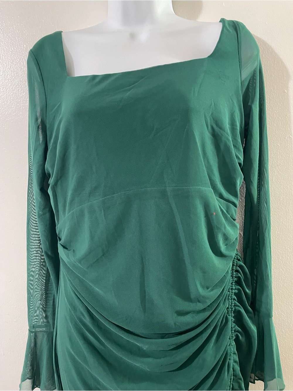 Women's Emerald Green Long-Sleeve Ruched Square Neck Dress